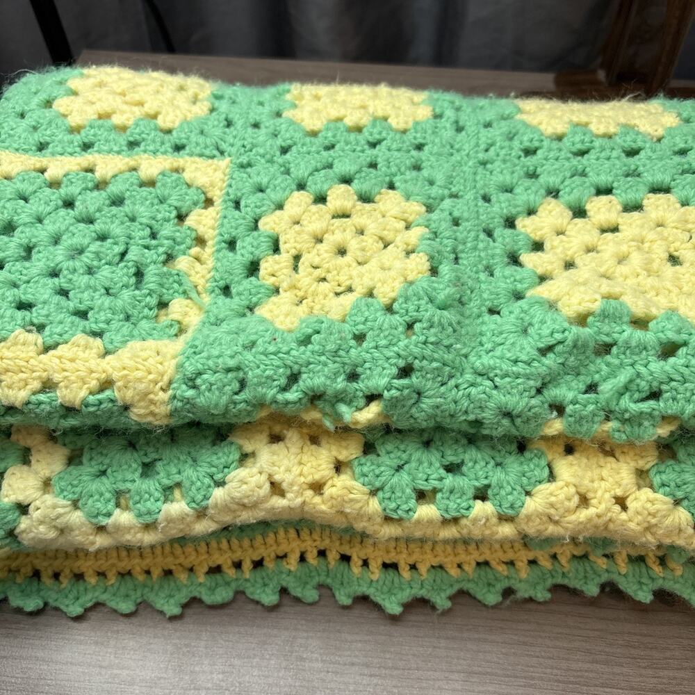 Handmade Crochet Granny Squares Throw Blanket Green And Yellow Afghan 82”x47” - Picture 3 of 9